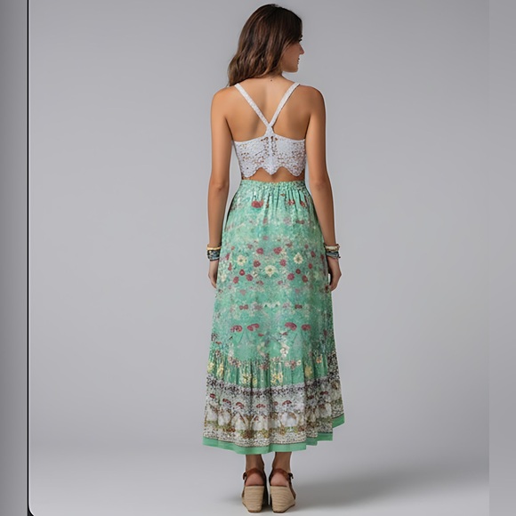 Green Boho Asymmetrical Hem Floral Printed Skirt - Picture 2 of 7